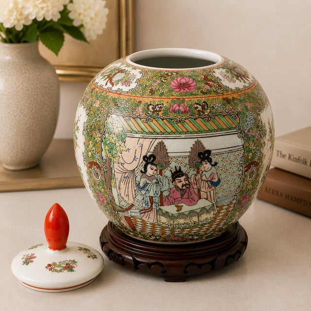 Large Chinese Famille Rose Porcelain Ginger Jar With Lid & Carved Hardwood Stand – Court Scene & Phoenix Motif For Sale - Image 4 of 6