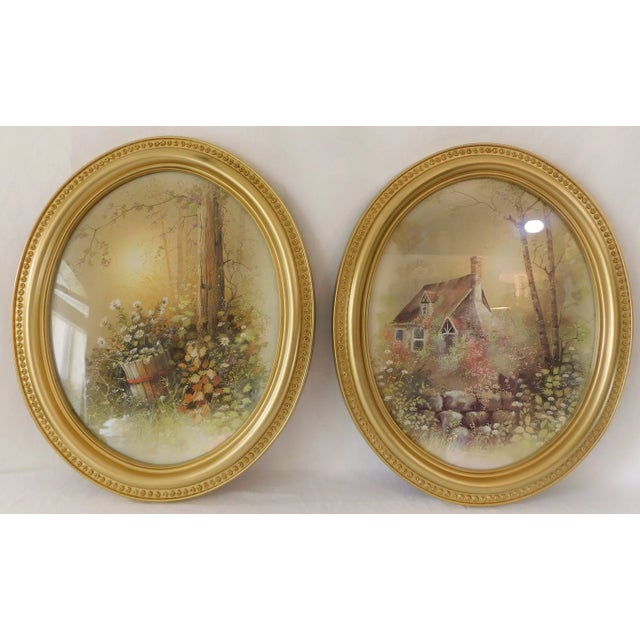 1970s Large Pair Vintage 1970s Oval Gold Roses Syroco Floral Cabin Glass Hanging Pictures Framed Wall Decor For Sale - Image 5 of 10