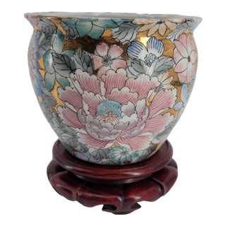 Vintage Chinese Millefleurs Goldfish Bowl - Gilded "Thousand Flowers" Porcelain With Carved Wood Stand - 20th Century For Sale