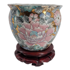 Vintage Chinese Millefleurs Goldfish Bowl - Gilded "Thousand Flowers" Porcelain With Carved Wood Stand - 20th Century