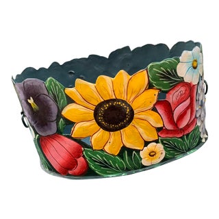 Vintage Metal Tole Painted Colorful Floral Tin Planter For Sale