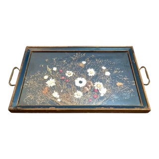 1960s Blue Wood Tray With Brass Handles For Sale