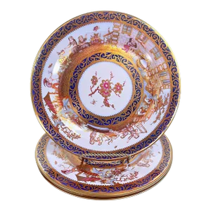 Enameled Tin Blue & Gold Chinoiserie Plates - Set of 4