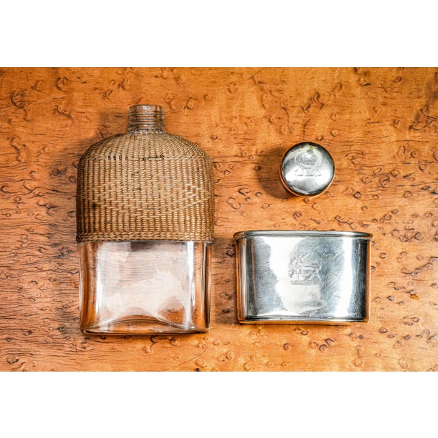 Charming Antique Sterling Silver Woven Rattan Victorian Armorial Coat of Arms Hip Flask For Sale - Image 11 of 12