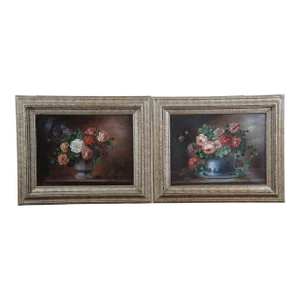 Set of 2 Oil on Canvas Floral Still Life Paintings Bouquet Flowers Realism Framed 22"
