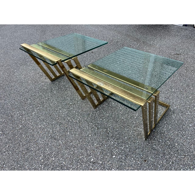 Milo Baughman 1980s Pair Brass Polished Flat Metal and Etched Striped Glass Top Coffee Table, For Sale - Image 4 of 7