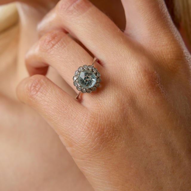 Blue 1960s Mid Century 2.20 Carat Aquamarine Diamond 18k White Gold Cluster Ring, Size 8.25 For Sale - Image 8 of 8