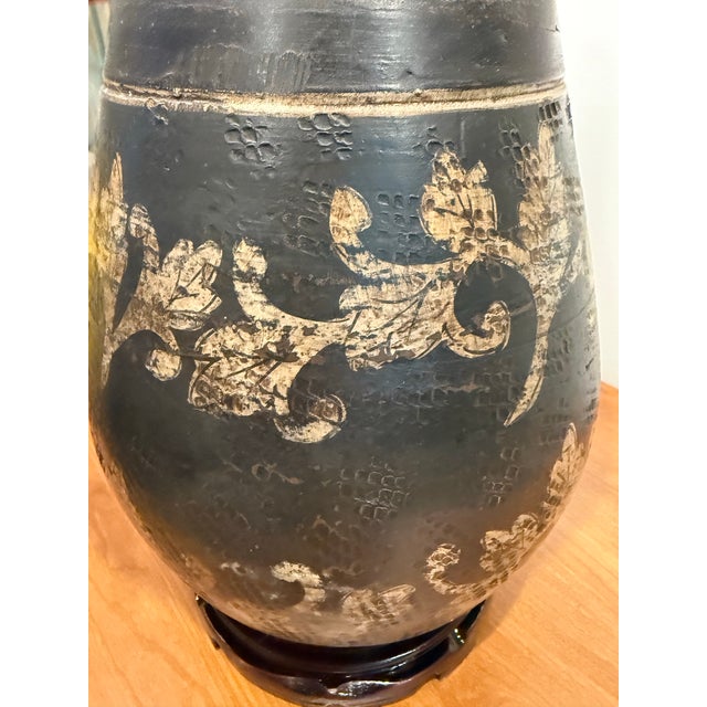 1990s Aged Brown Tall Pottery Urn Lamp With Decorative Carvings For Sale In Birmingham - Image 6 of 7