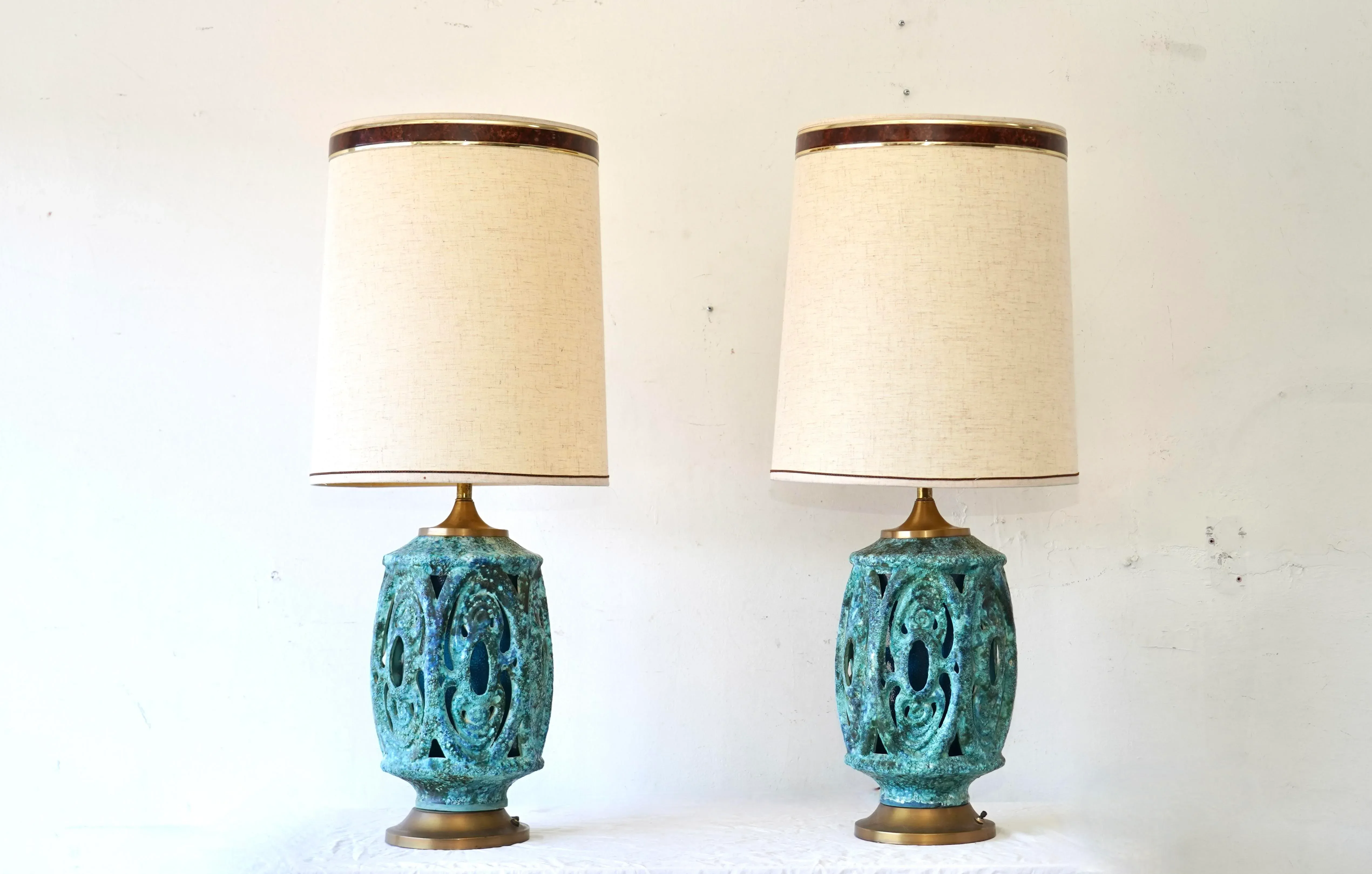 Pair of Sculptural Brutalist- Tiki- Mid-Century Drip Glaze Lamps