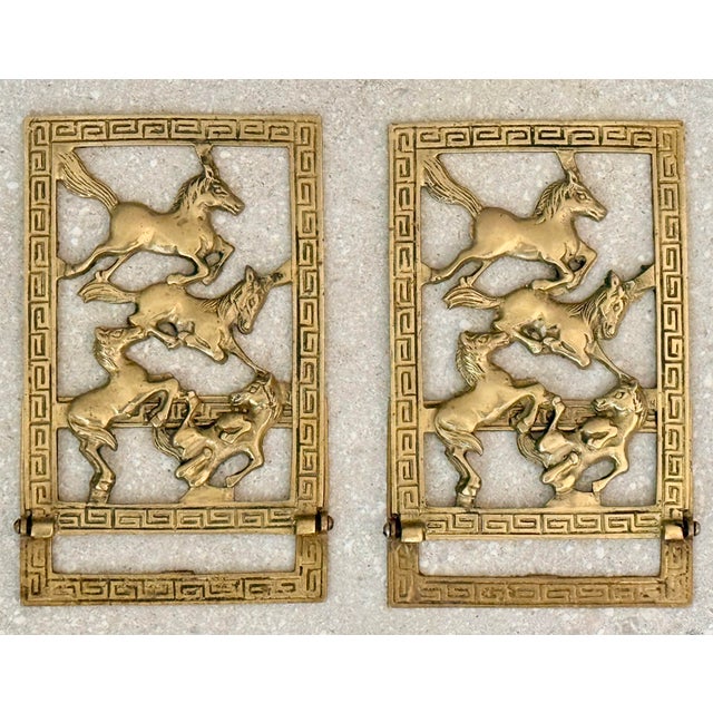 Vintage Chinoiserie Brass Horse Bookends With a Cut-Out Design of Galloping Horses Surrounded by a Greek Key Border-a Pair For Sale In San Antonio - Image 6 of 12
