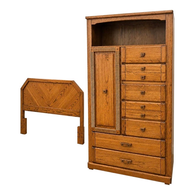 Vintage Harrison Solid Oak Gentleman’s Chest and Queen Headboard & Bed Frame Set For Sale
