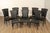 High Quality Italian Made Set of Eight Custom Upholstered, Black Lacquered, Carved Frame Dining Side Chairs