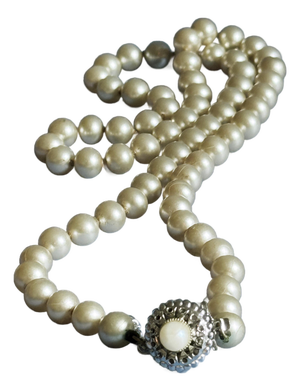 Vintage Mid Century Glass Faux Pearl Necklace With Filigree Box Clasp