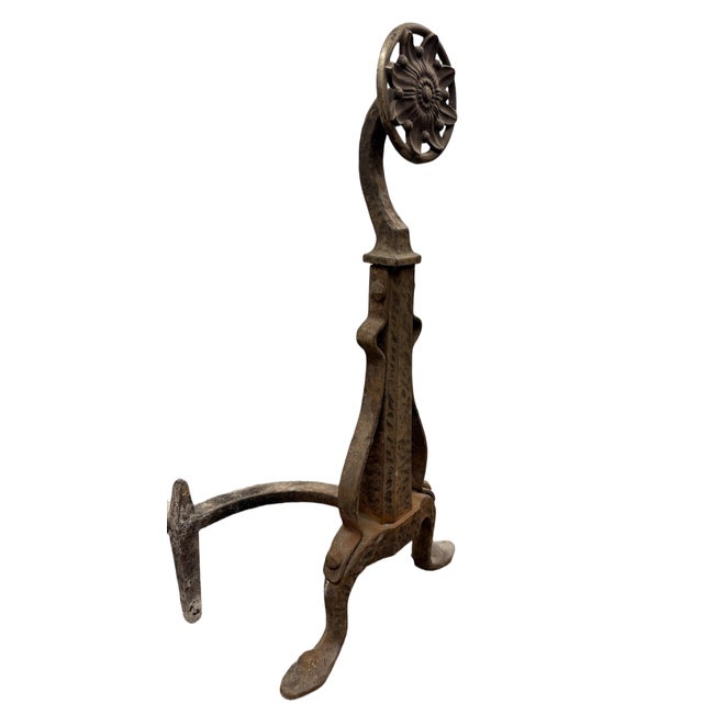 Bradley Hubbard Antique Arts & Crafts Bradley & Hubbard Floral Medallion Cast Iron Andirons – Pair (C. 1890–1920) For Sale - Image 4 of 8