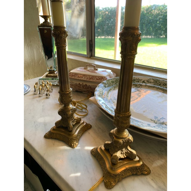 French Brass French Style Candlestick Lamps a Pair For Sale - Image 3 of 11