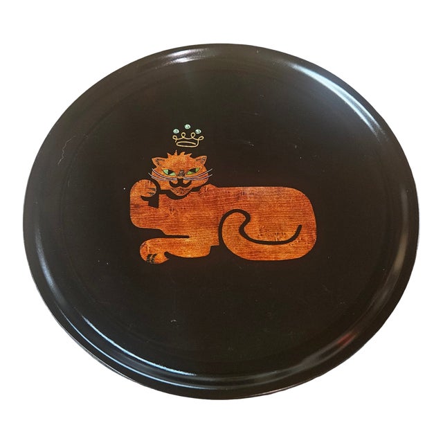 Vintage Mid Century Couroc Lion Cat King Crown Jewels Bar Tray For Sale