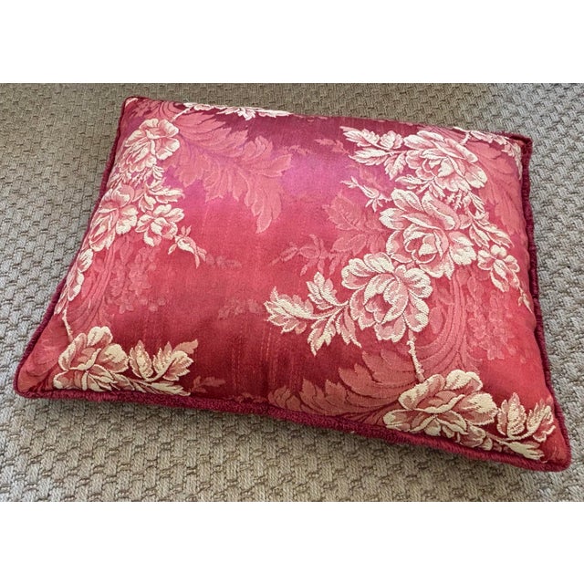 French Country Red Floral Velvet Down-Filled Pillow With Brush Fringe For Sale - Image 3 of 6