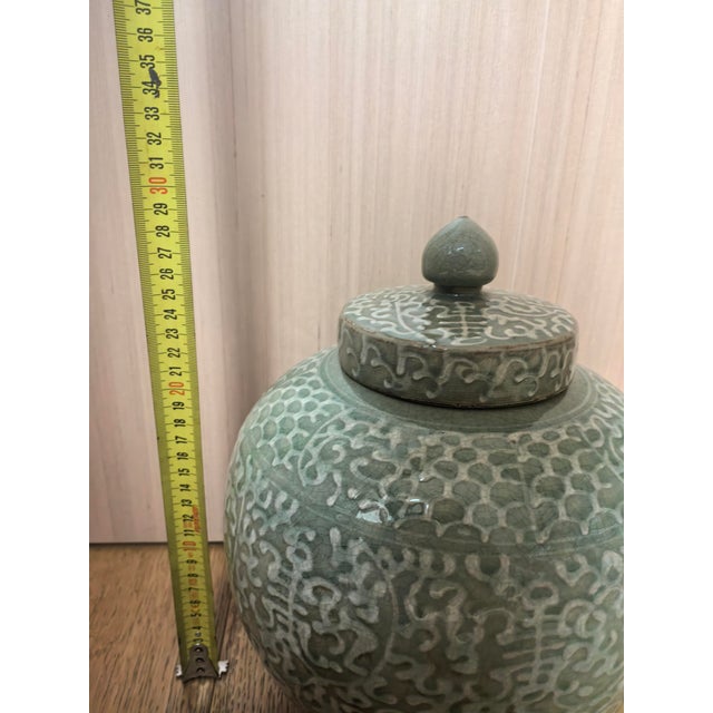 Ceramic Chinese Ceramic Pot Longquan Ware Celadon Lid Jar Hand Carved Flowers Pattern For Sale - Image 7 of 11