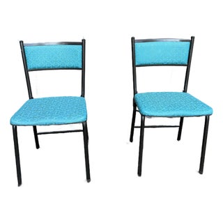 Mid 20th Century Atomic Age Cosco Blue Flower Metal Folding Chairs - Set of 2 For Sale