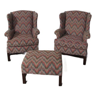 1980s Pair Key City Wingback Chairs Ottoman Designer For Sale