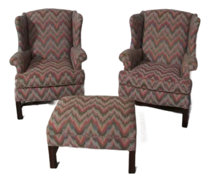 1980s Pair Key City Wingback Chairs Ottoman Designer