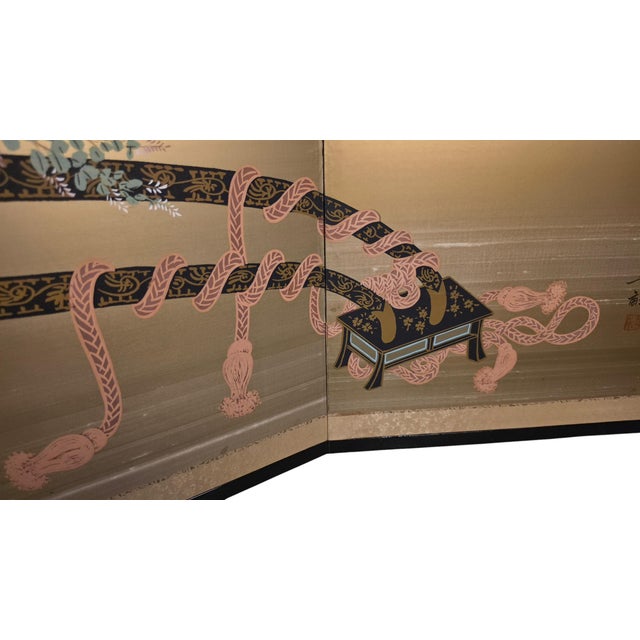 Attributed Okuda Hōgen (Hōen) Japanese Hanaguruma Four-Panel Byōbu Folding Screen on Gold Silk, Early 20th Century For Sale - Image 9 of 16