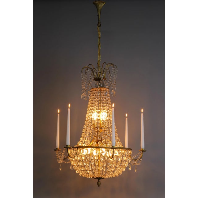 French Louis XVI Style Brass and Crystal Basket 9-Light Chandelier For Sale - Image 4 of 18