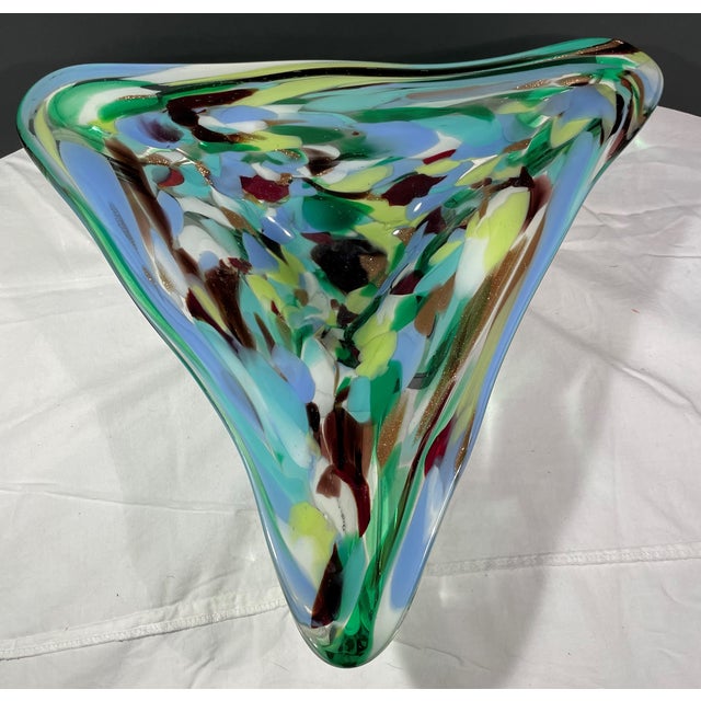 Glass 1960s Italian Mid-Century Murano Attributed Large Freeform Triangle Glass Bowl Pastel/Gold For Sale - Image 7 of 11