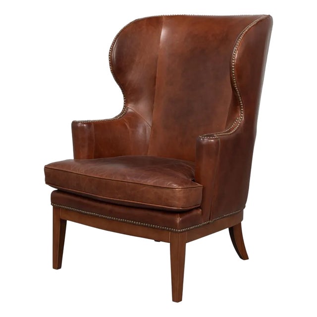 Transitional Brown Leather Wing Chair For Sale