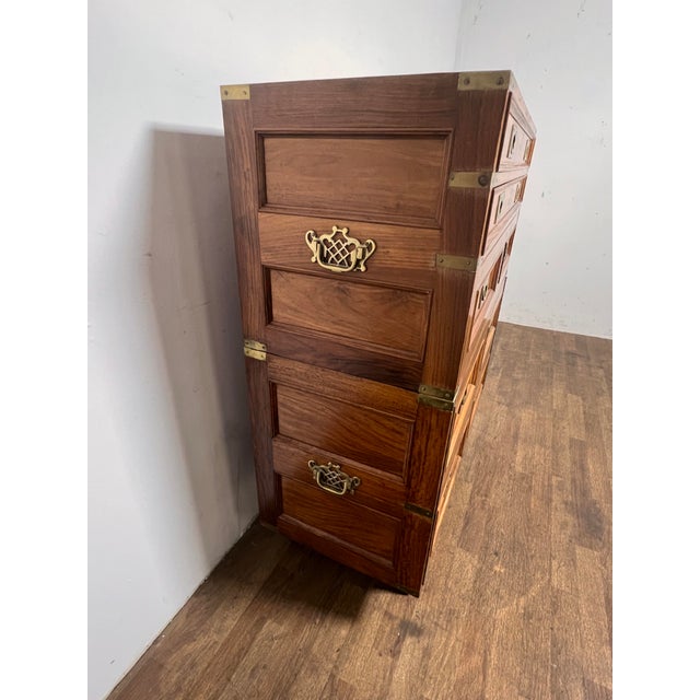 C. 1960s Anglo-Indian Campaign Style Chest on Chest With Brass Inlay For Sale - Image 9 of 15
