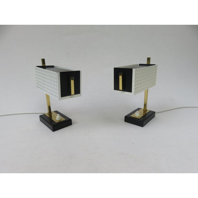 1950s Small Mid-Century Brass, Black & White Bedside Table Lamps, 1950s, Set of 2 For Sale - Image 5 of 18