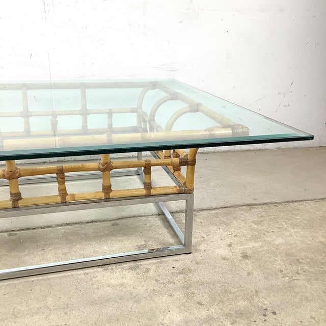 Wood 1970s Hollywood Regency Bamboo and Chrome Square Glass Coffee Table For Sale - Image 7 of 18