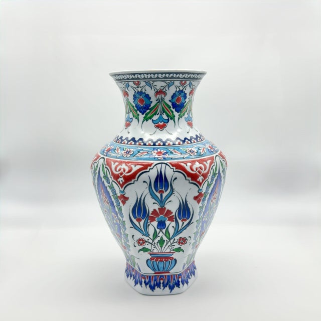 Ceramic Handmade Ceramic Faceted Vase (30cm) – Classic Iznik Cypress & Tulip Pattern – Geometric Art Decor For Sale - Image 7 of 8