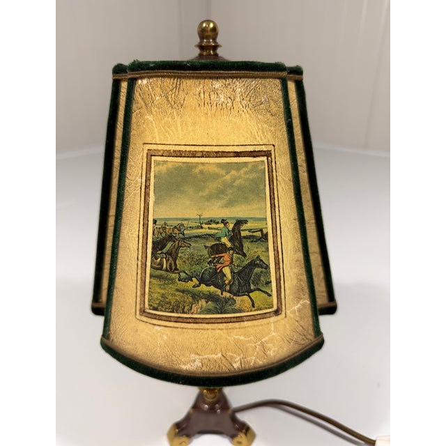 Metal Vintage Hunting Scene Table Lamp in Brass, 1950s For Sale - Image 7 of 18