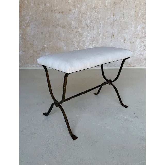 Burnt Umber Spanish Gilt Iron Bench With Hammered Frame For Sale - Image 8 of 12