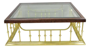 Vintage Erwin Lambeth Burl Walnut Brass Fireplace Fender Square Coffee Table