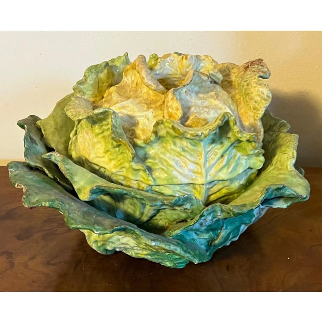 Antique 18th century French tin glaze faience soup tureen in the form of a large head of lettuce or cabbage. Measures 13"...