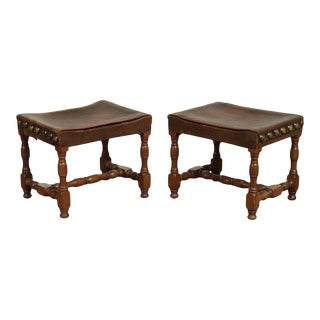 Antique Jacobean Style Oak & Leather Stools - a Pair For Sale
