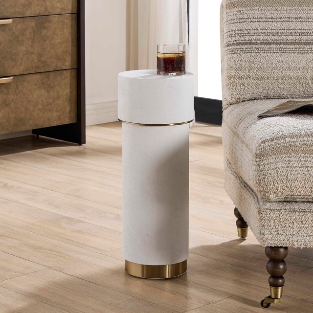 Pedestal Style Drink Table Covered In An Elegant White Faux Shagreen And Brushed Brass Finished Stainless Steel Accents....