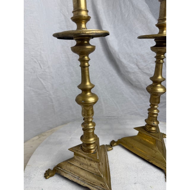 Baroque Pair of 19th Century Spanish Baroque Style Brass Candlesticks - 14.5" H For Sale - Image 3 of 12