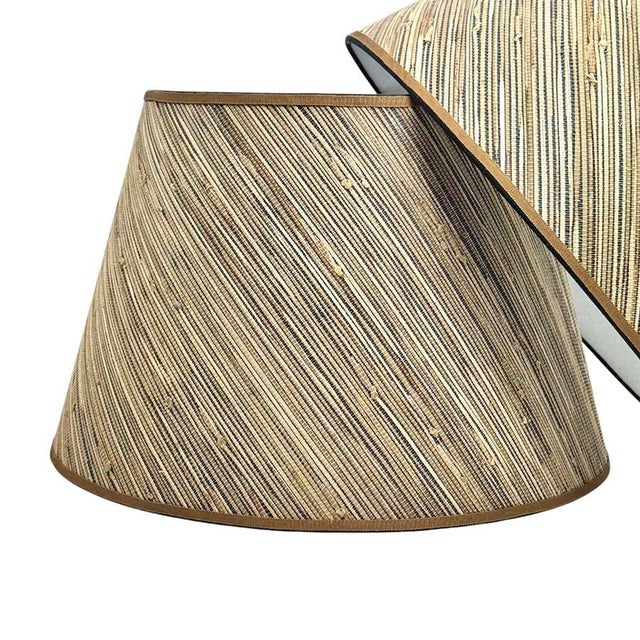 Contemporary Grasscloth Lamp Shade in Neutral Striation with Tan Grossgrain Trim - 9” x 16” x 11” For Sale - Image 3 of 4