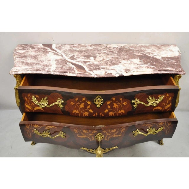 Late 20th Century French Louis XV Style Marble Top Marquetry Inlay & Bronze Bombe Commode Dresser For Sale - Image 4 of 12