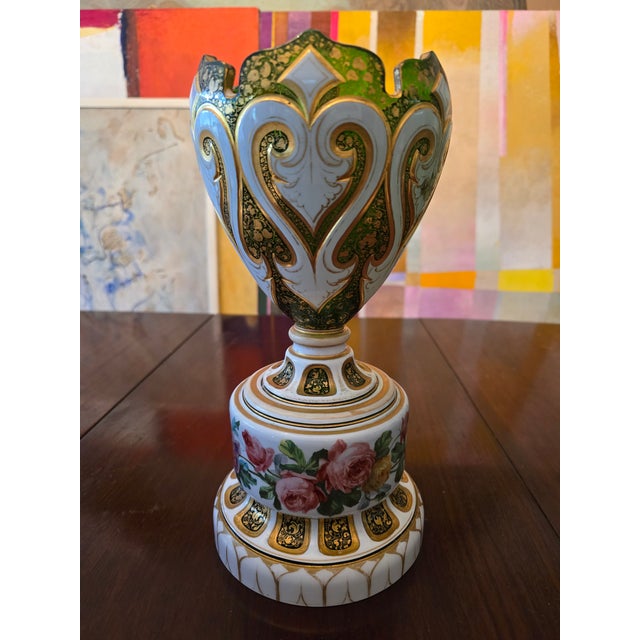 A rare antique original museum quality large bohemian glass moser centerpiece. Having the best emerald green crystal...
