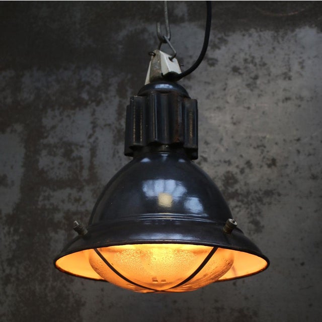 Industrial French Black Enamel and Clear Glass Factory Pendant Lamp For Sale - Image 4 of 7