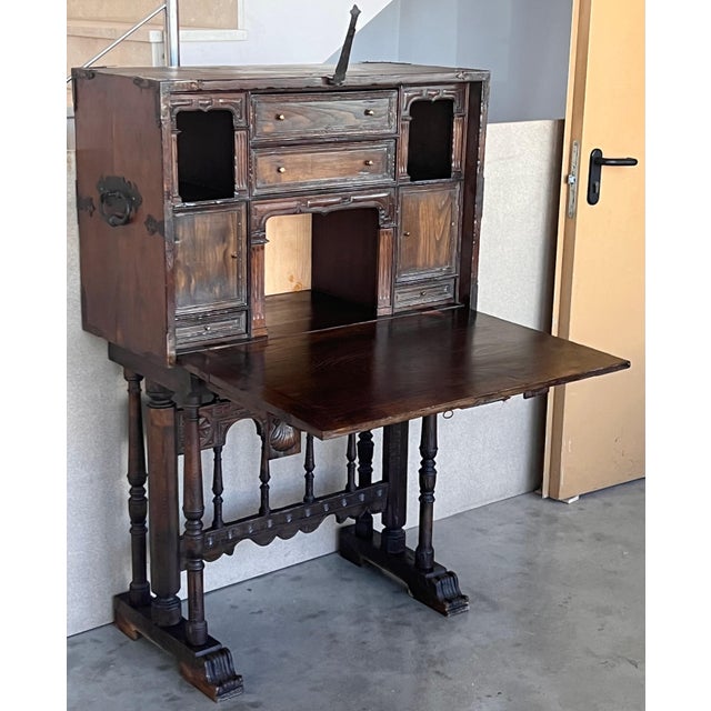 17th Century Spanish Walnut Cabinet on Stand, Desk, Original ‘Bargueño’ For Sale - Image 4 of 18