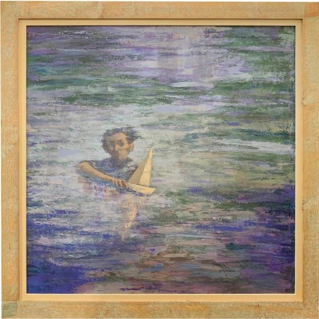 A large-format square, nearly four feet on each side, anchored by a solitary male figure against the open sea. The title...