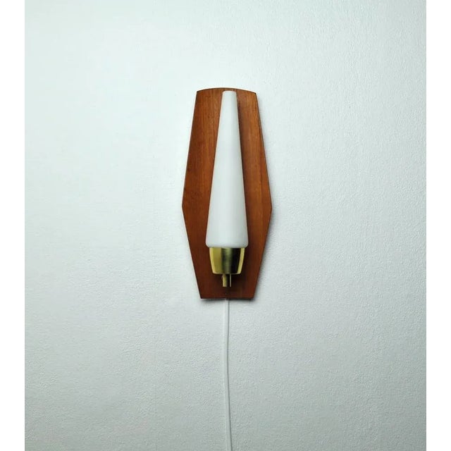 Scandinavian Modern Wall Light in Teak with Brass and Opaline Glass, Denmark, 1960s For Sale - Image 3 of 13