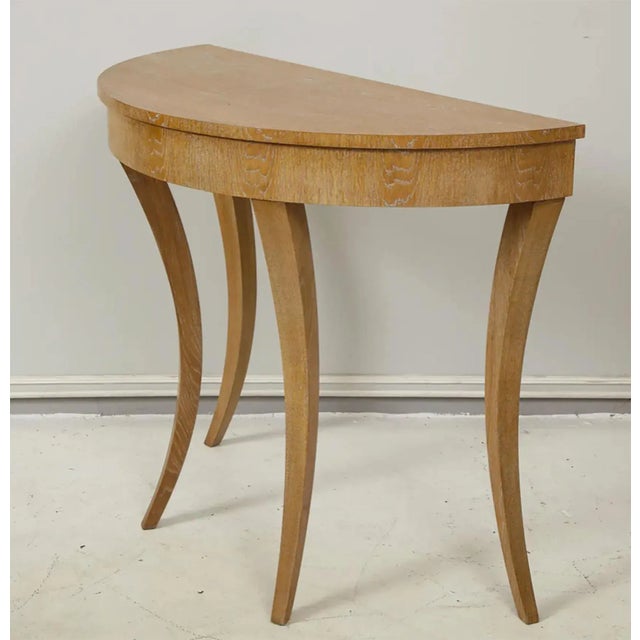 Tan Bespoke Cerused Oak Bobo Demilune Console on Splayed Tapered Legs For Sale - Image 8 of 12