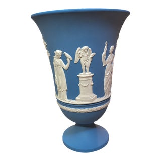 Vintage Wedgewood Pottery Stoneware Blue Jasperware Footed Vase For Sale