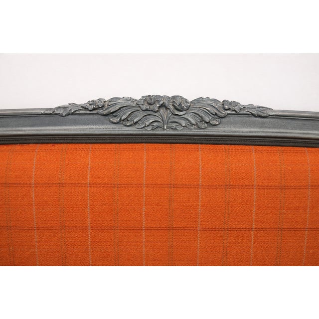Late 20th Century Late 20th Century French Louis XV–Style Upholstered Bed Frame in Blue-Gray With Burnt Orange Plaid + New Frame For Sale - Image 5 of 7